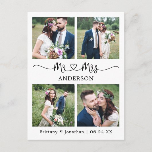 Moderne Calligraphy Hart 4 Foto Huwelijk Bedankt Briefkaart (Voorkant)