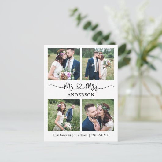 Moderne Calligraphy Hart 4 Foto Huwelijk Bedankt Briefkaart (Staand voorkant)