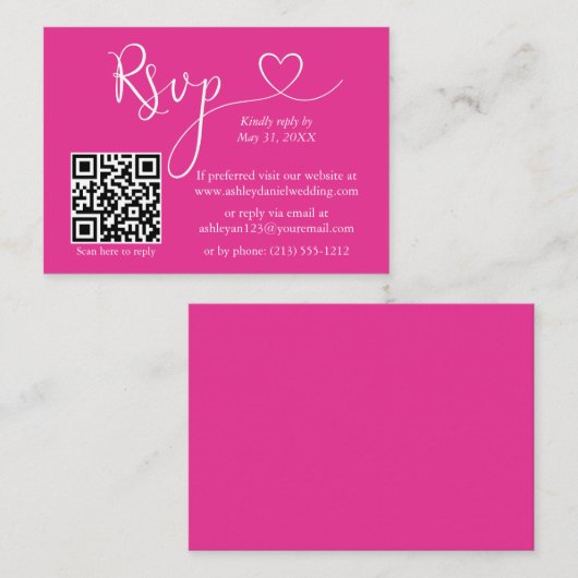 Moderne Calligraphy Hart Trouw QR RSVP Heet Roze Informatiekaartje (Voorkant / Achterkant)