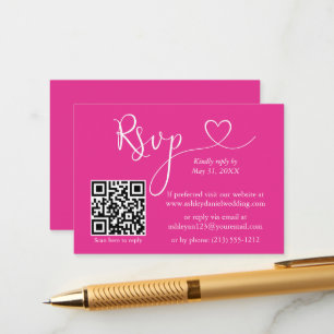 Moderne Calligraphy Hart Trouw QR RSVP Heet Roze Informatiekaartje