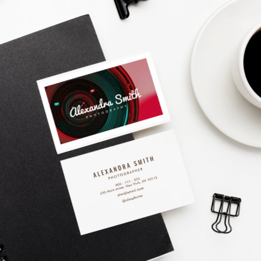 Moderne camera neon wit script fotografie visitekaartje