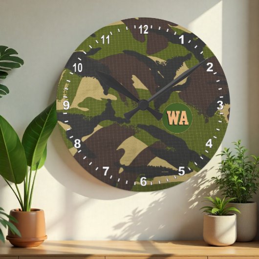 Moderne Camouflage Clock, hunter monogrammed, Army Ronde Klok