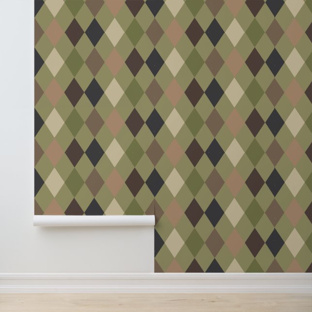 Moderne Camouflage Groen en Bruin Diamantpatroon Behang (Applicatie)