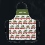 Moderne camper van kerstboomfamilie schort<br><div class="desc">Kom in de feestelijke stemming met deze leuke waterverf camper en kerstboom ontwerp. Een prachtige met de hand geschilderde groene boom, geeft een traditioneel rustiek gevoel, dat wordt aangevuld met moderne, trendy, gedurfde scriptlettertype. De tekst kan worden gepersonaliseerd met uw familienaam om het extra speciaal te maken. onderdeel van een...</div>