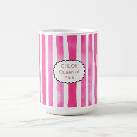 Moderne Candy Roze Gestreepte Naam & Titel Koffiemok (Center)