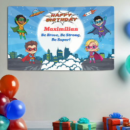 Moderne Cartoon Superhero Verjaardagsfeestbanner Spandoek