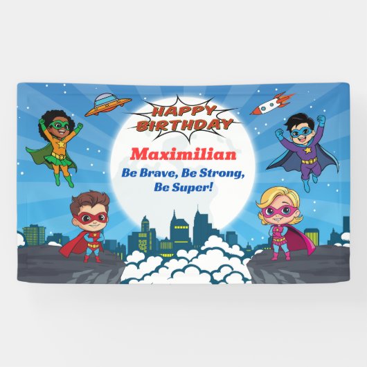 Moderne Cartoon Superhero Verjaardagsfeestbanner Spandoek (Horizontaal)