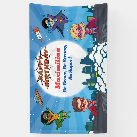 Moderne Cartoon Superhero Verjaardagsfeestbanner Spandoek (Verticaal)