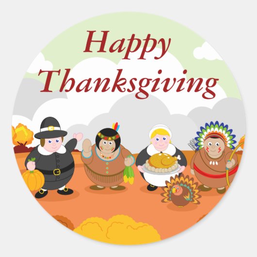 Moderne cartoon van de eerste Thanksgiving 1621, Ronde Sticker (Voorkant)
