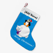 Moderne cartoon van een pinguïn die een polair bee kleine kerstsok (Voorkant (Hangend))