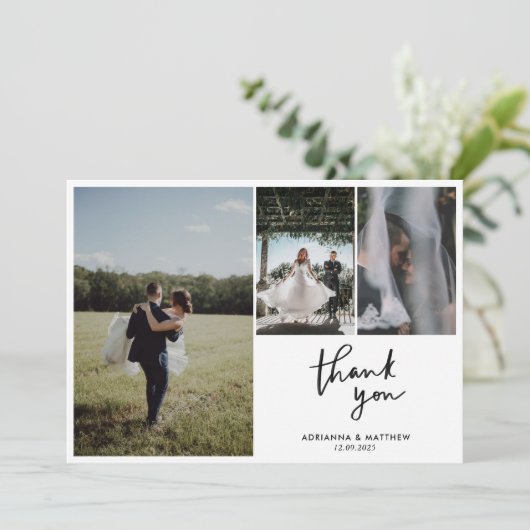 Moderne Casual bruiloft Bedankt Script Vier Foto (Staand voorkant)