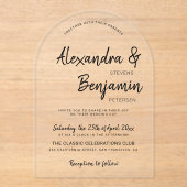 Moderne casual minimalistische zwarte script bruil acryl uitnodigingen (Voorkant)