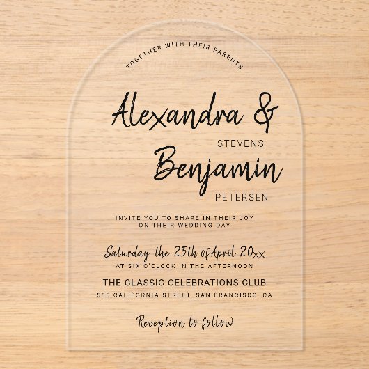 Moderne casual minimalistische zwarte script bruil acryl uitnodigingen (Voorkant)