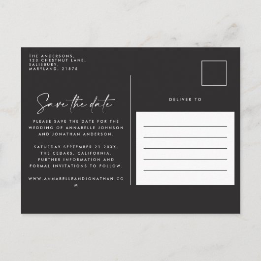 Moderne casual script zwarte typografie bruiloft aankondigingskaart (Achterkant)