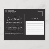 Moderne casual script zwarte typografie bruiloft aankondigingskaart (Achterkant)