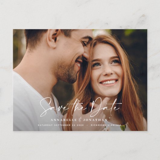 Moderne casual script zwarte typografie bruiloft aankondigingskaart (Voorkant)