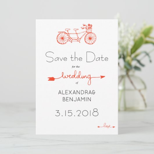 Moderne casual tandem fietsbruiloft save date save the date (Staand voorkant)
