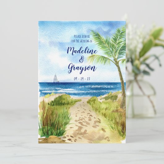 Moderne Casual Waterverf Beach QR Code Weddenschap Kaart (Staand voorkant)