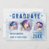 Moderne cel 4 Photo Double Sided Blue Afstuderen Aankondiging (Voorkant)