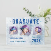 Moderne cel 4 Photo Double Sided Blue Afstuderen Aankondiging (Staand voorkant)