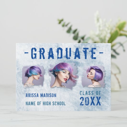 Moderne cel 4 Photo Double Sided Blue Afstuderen Aankondiging (Staand voorkant)
