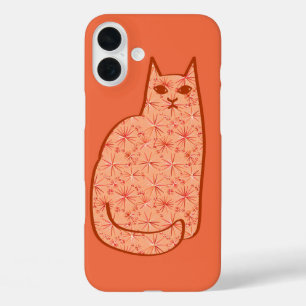 Moderne centrale kat, koraal Sinaasappel en wit iPhone 16 Plus Hoesje