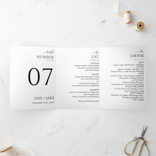 Moderne Ceremonie Trouwfeest Diner Lieve Herinneri Drieluik Uitnodiging (Binnen)