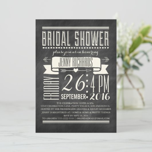 MODERNE CHALKBOARD BRUIDSDOUCHE UITNODIGING (Staand voorkant)