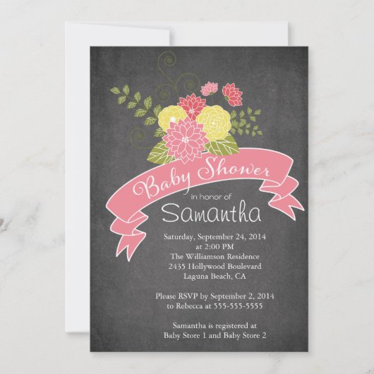 Moderne Chalkboard Floral Baby Douche Uitnodiginge Kaart (Voorkant)