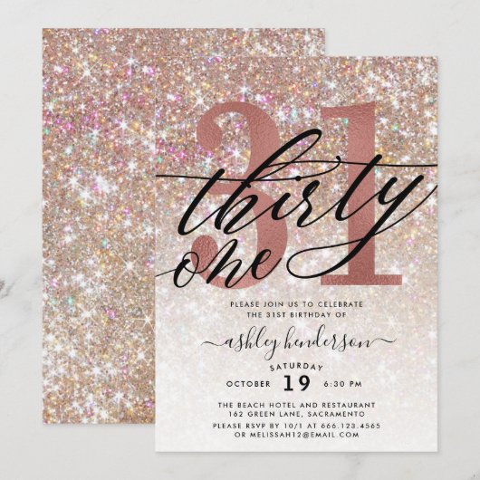 Moderne Champagne Glitter 31e verjaardag uitnodigi Kaart (Voorkant / Achterkant)