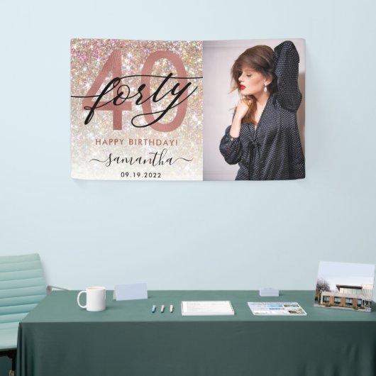 Moderne Champagne Glitter 40th Birthday Foto Spandoek (Beurs)