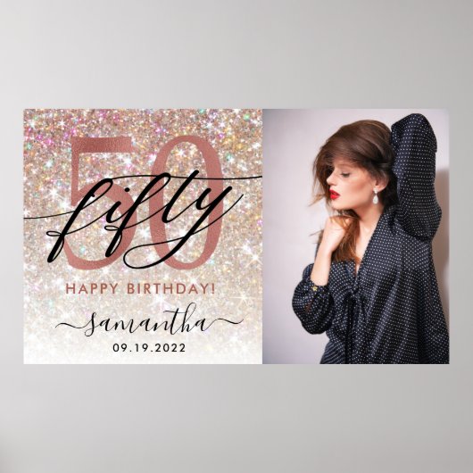 Moderne Champagne Glitter 50th Birthday Foto Post Poster (Voorkant)