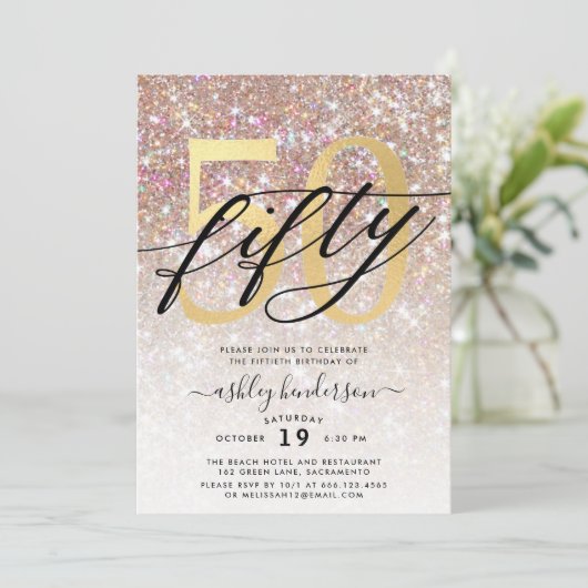 Moderne Champagne Glitter 50th Birthday Kaart (Staand voorkant)