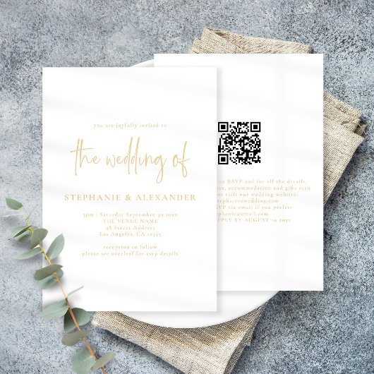 Moderne Champagne Gold Script QR Code Weddenschap Kaart