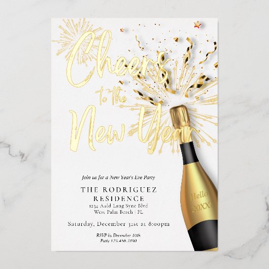 Moderne champagne juicht het nieuwjaarsfeest toe folie uitnodiging (Voorkant)