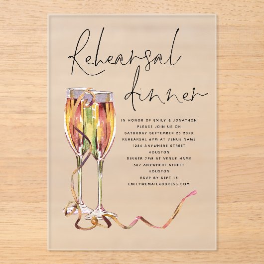Moderne Champagne Script Oefenbruiloftdiner Acryl Uitnodigingen (Voorkant)