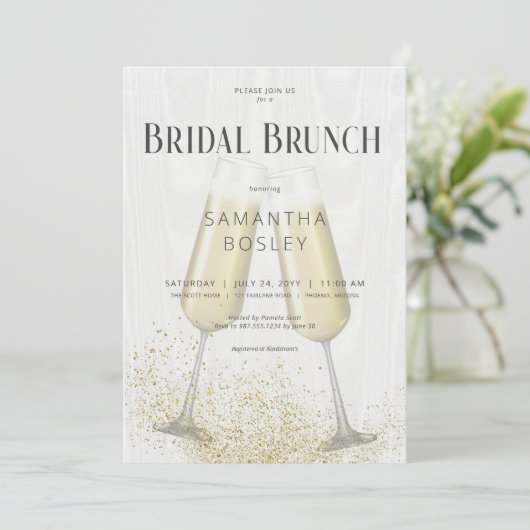 Moderne champagneglazen & glitter bruidsbrunch kaart (Staand voorkant)