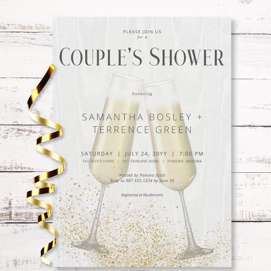 Moderne Champagneglazen & Glitter Couple's Shower Kaart