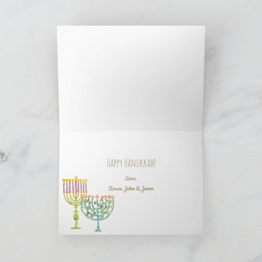 Moderne Chanoeka Blauw Goud Menorah Ster van David Feestdagen Kaart (Binnen)