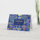 Moderne Chanoeka Blauw Goud Menorah Ster van David Feestdagen Kaart (Voorkant)