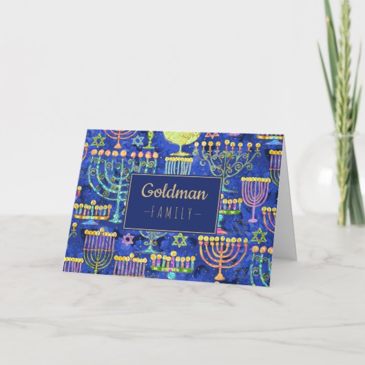 Moderne Chanoeka Blauw Goud Menorah Ster van David Feestdagen Kaart (Voorkant)