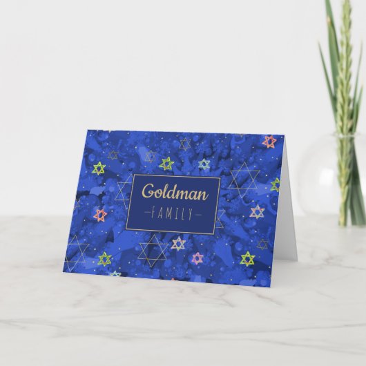 Moderne Chanoeka Blauw Goud Menorah Ster van David Feestdagen Kaart (Voorkant)