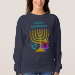 Moderne Chanoeka HAPPY CHANUKAH Trui<br><div class="desc">Moderne Chanoeka HAPPY CHANUKAH unisex sweatshirt, met TEKST, ontworpen met faux gouden menora, kleurrijke davidster en zilverkleurige dreidel plus BEGROETING, zodat u uw eigen begroeting kunt creëer. Ideale mannen of vrouwen trui voor het seizoen van Chanoeka. Kies uit een breed deel van Chanoeka kleding en geschenken, ontworpen door Berner Design....</div>