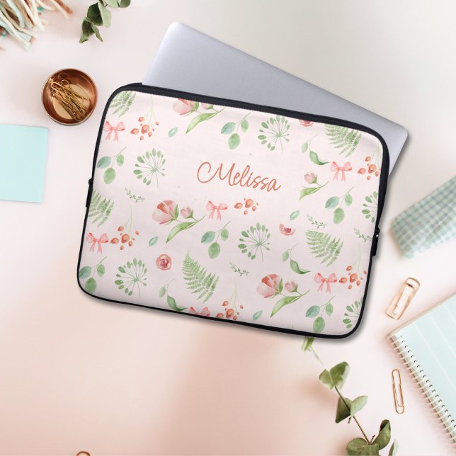 Moderne charmante roze groene bloem met naam laptop sleeve (Creator heeft geüpload)