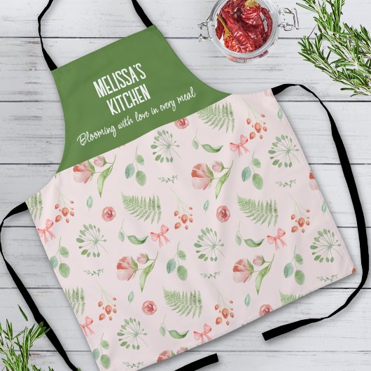 Moderne Charmante Roze Groene Bloempatroon Schort