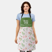 Moderne Charmante Roze Groene Bloempatroon Schort (Gedragen)