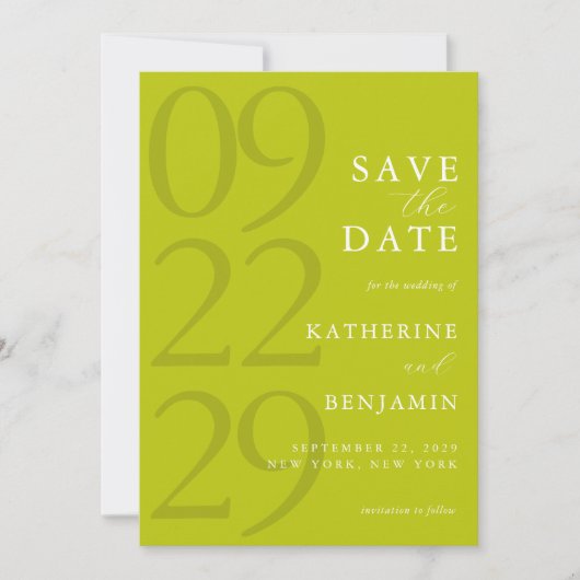 Moderne Chartreuse Minimalistische Trouwdag Save The Date (Voorkant)