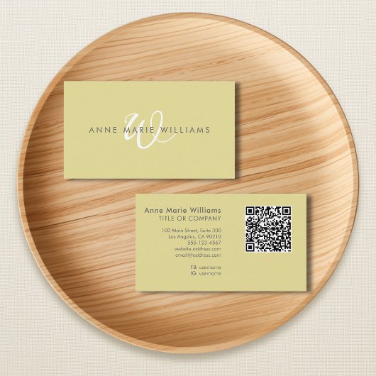 Moderne Chartreuse Witte Script Monogram QR Code Visitekaartje