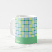 Moderne Checker Blauw Groen Lime Gepersonaliseerd Koffiemok (Voorkant links)