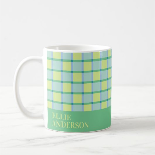 Moderne Checker Blauw Groen Lime Gepersonaliseerd Koffiemok (Links)